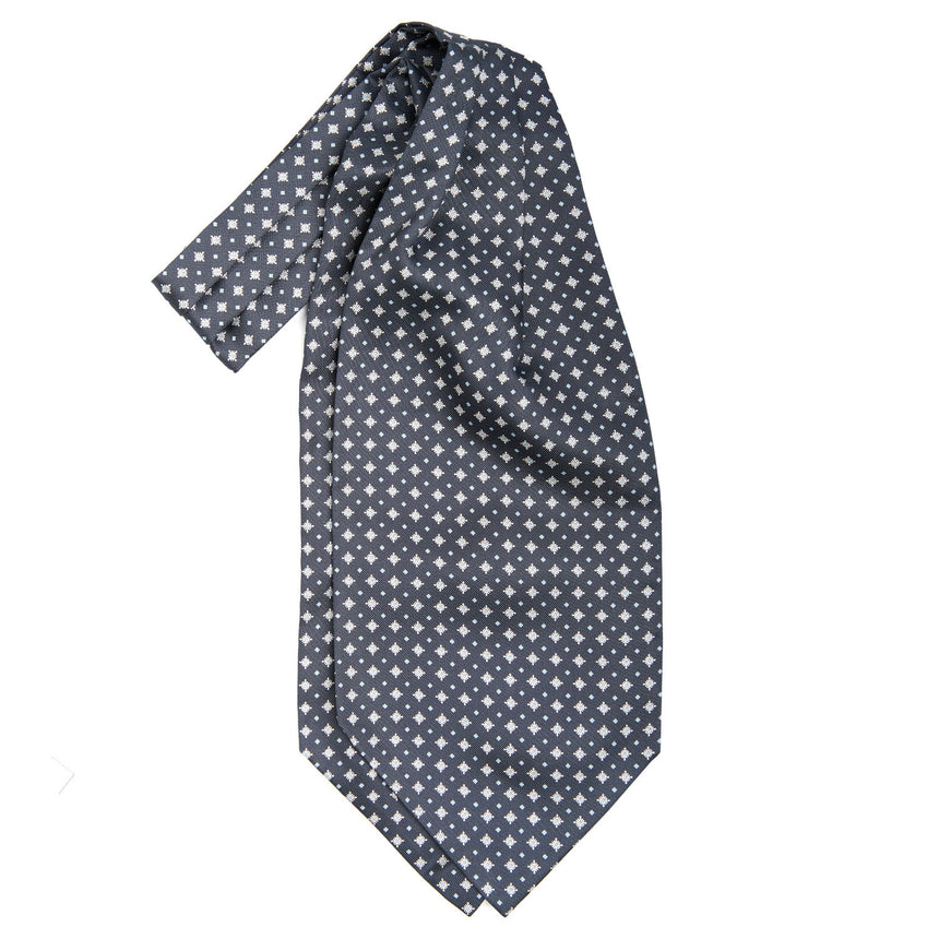 dark_grey_silk_ascot_tie_small_flower_pattern_fabric_pattern_detail