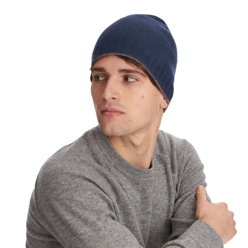DARK BLUE AND LIGHT BROWN BICOLOR BEANIE