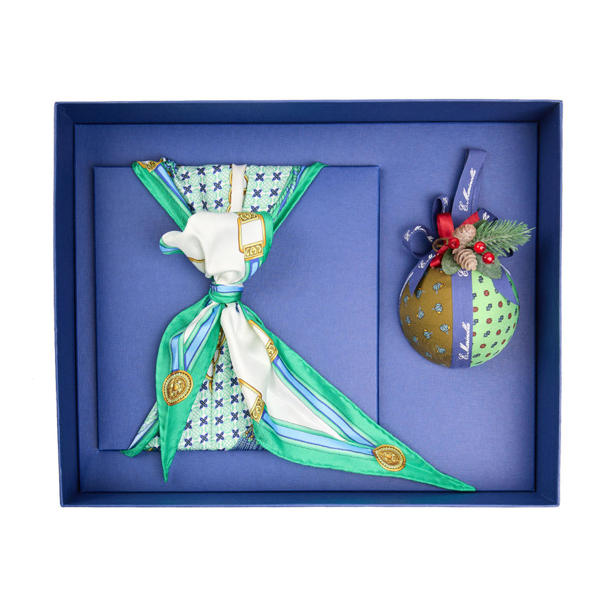 CHRISTMAS BOX WITH GREEN SILK DIAMOND SCARF
