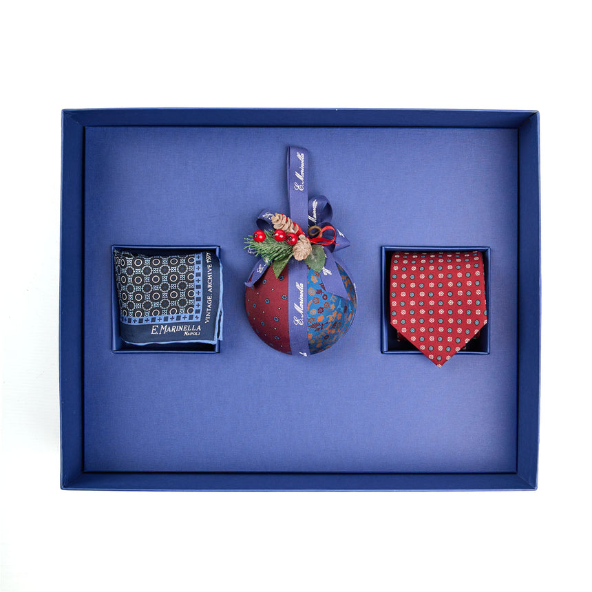 CHRISTMAS BOX BURGUNDY TIE AND BLUE POCKET SQUARE