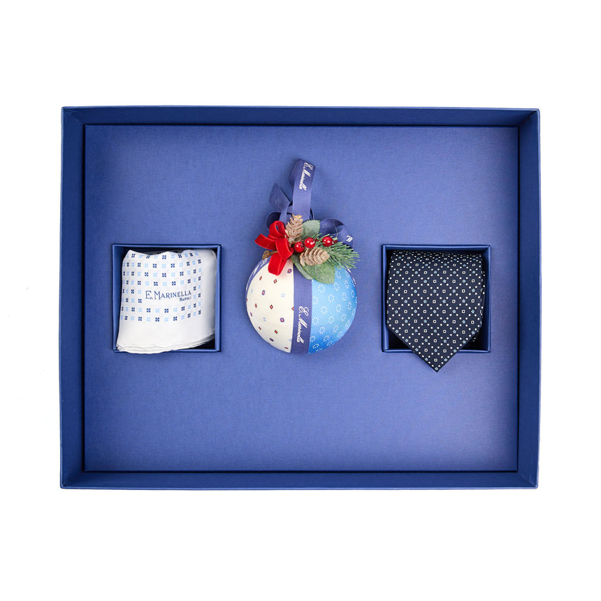 BOX DI NATALE CON CRAVATTA BLU SCURO E POCHETTE BIANCA