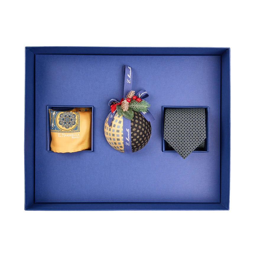 BOX DI NATALE CON CRAVATTA BLU SCURO E POCHETTE GIALLA