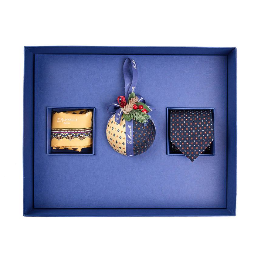 BOX DI NATALE CON CRAVATTA BLU SCURO E POCHETTE GIALLA