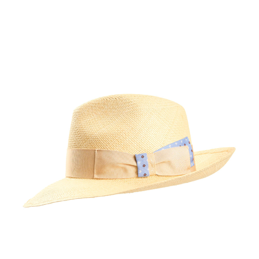 PANAMA AMEDEO MODEL WITH LIGHT BLUE SILK DETAILS ON BOW AND BAND, 55 CM
