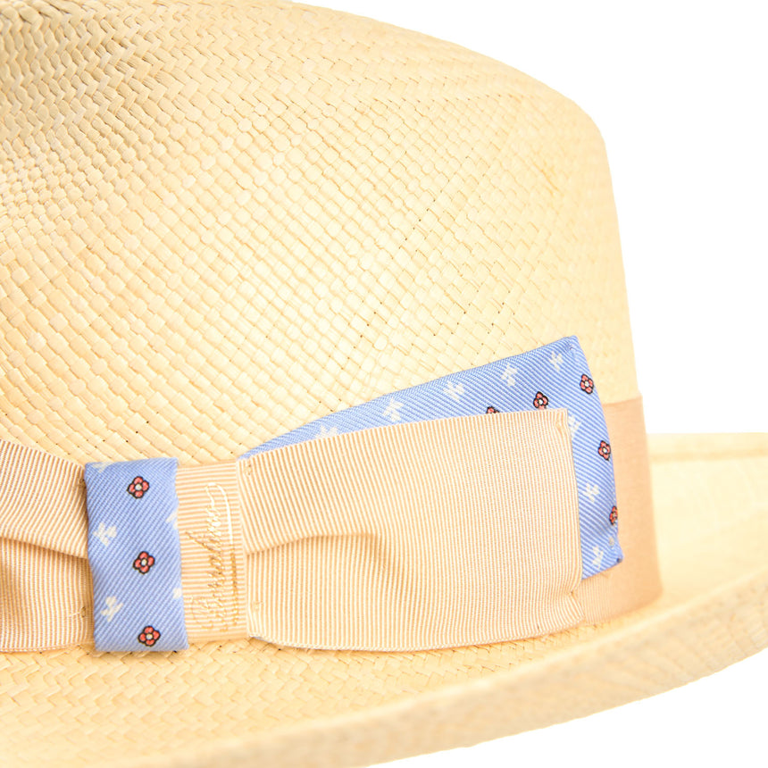PANAMA AMEDEO MODEL WITH LIGHT BLUE SILK DETAILS ON BOW AND BAND, 55 CM