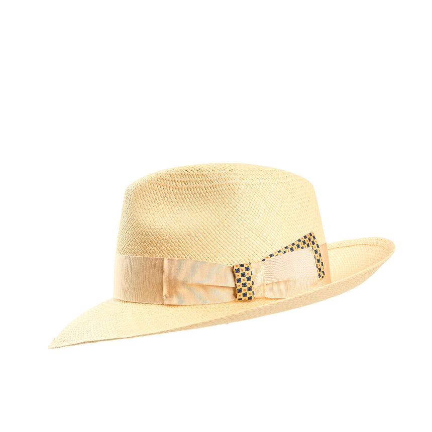PANAMA MODELLO AMEDEO CON DETTAGLI IN SETA GIALLI SU CODA E TRAVERSINO, 56 CM