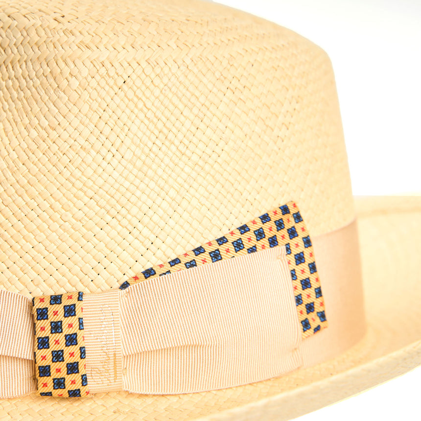 PANAMA MODELLO AMEDEO CON DETTAGLI IN SETA GIALLI SU CODA E TRAVERSINO, 56 CM