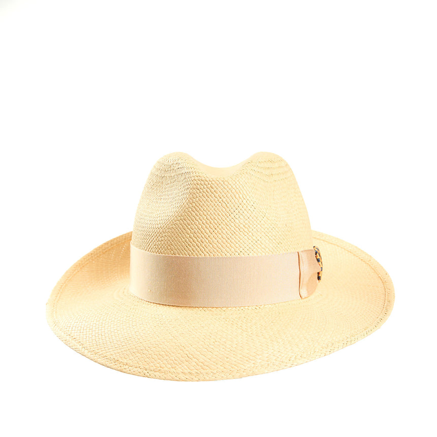 PANAMA MODELLO AMEDEO CON DETTAGLI IN SETA GIALLI SU CODA E TRAVERSINO, 56 CM