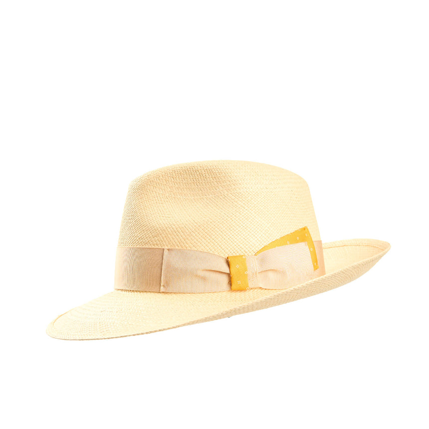 PANAMA MODELLO AMEDEO CON DETTAGLI IN SETA GIALLI SU CODA E TRAVERSINO, 60 CM