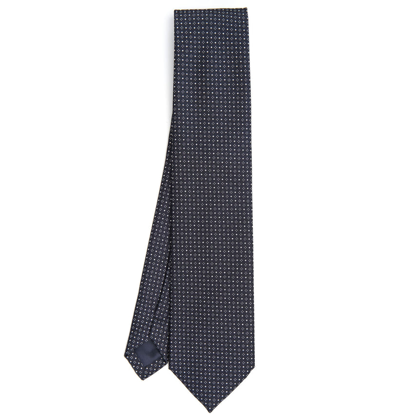 dark_blue_ceremonial_jacquard_silk_tie_small_geometric_pattern_full_front_view