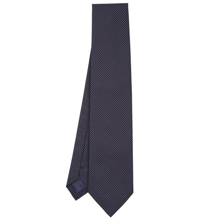 dark_blue_ceremonial_jacquard_silk_tie_small_geometric_pattern_full_front_view
