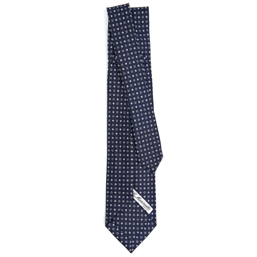 dark_blue_5_fold_sartorial_silk_tie_small_flower_pattern_full_back_view