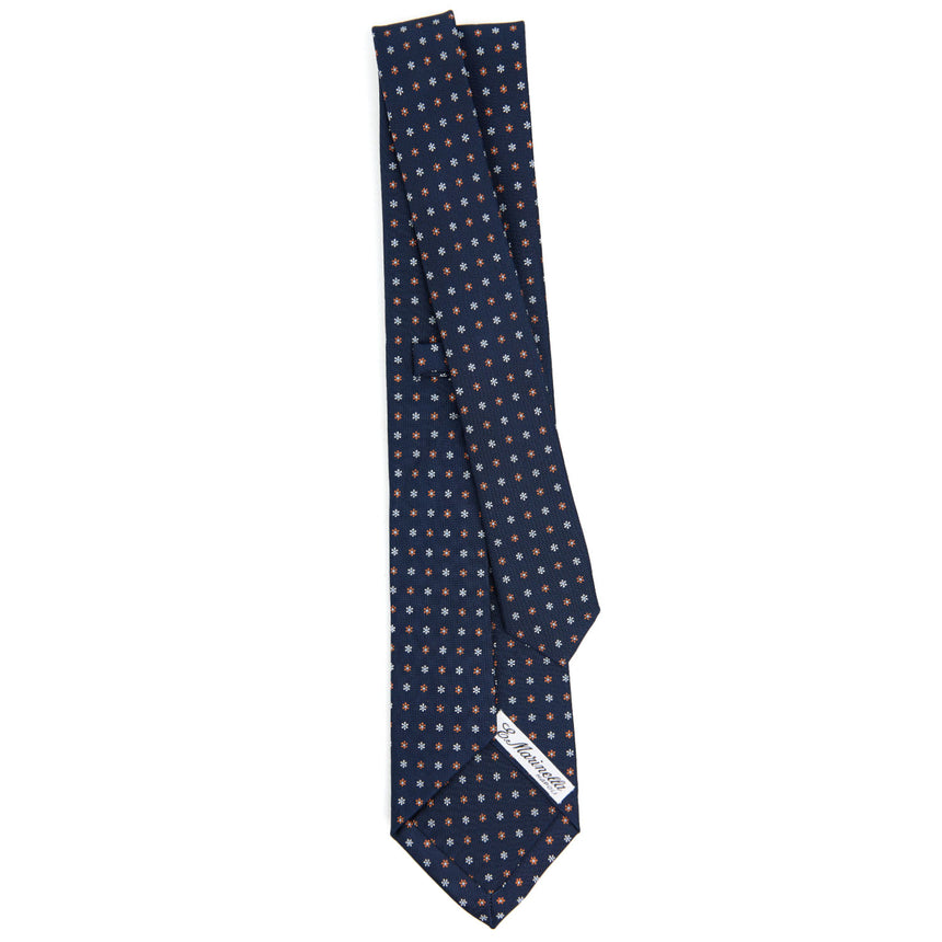 dark_blue_5_fold_sartorial_silk_tie_small_flower_pattern_full_back_view