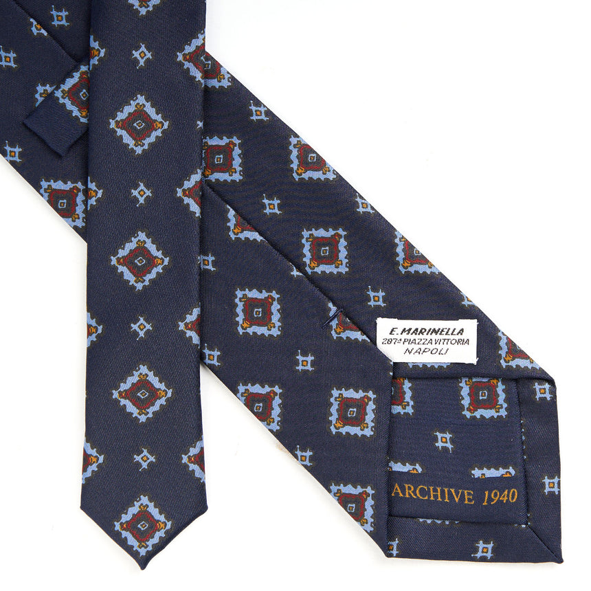 CRAVATTA SARTORIALE IN SETA STAMPATA BLU SCURO