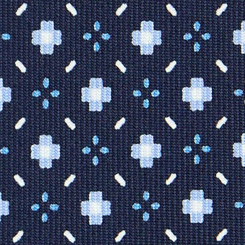 dark_blue_sartorial_classic_silk_tie_small_flower_pattern_full_front_view