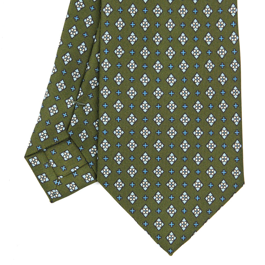 Olive Green Extra Long Sartorial Silk Tie - Small Flower Pattern