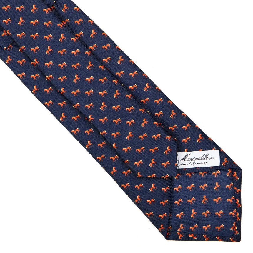 CRAVATTA IN SETA STAMPATA BLU SCURO "CAVALLUCCIO ROSSO"