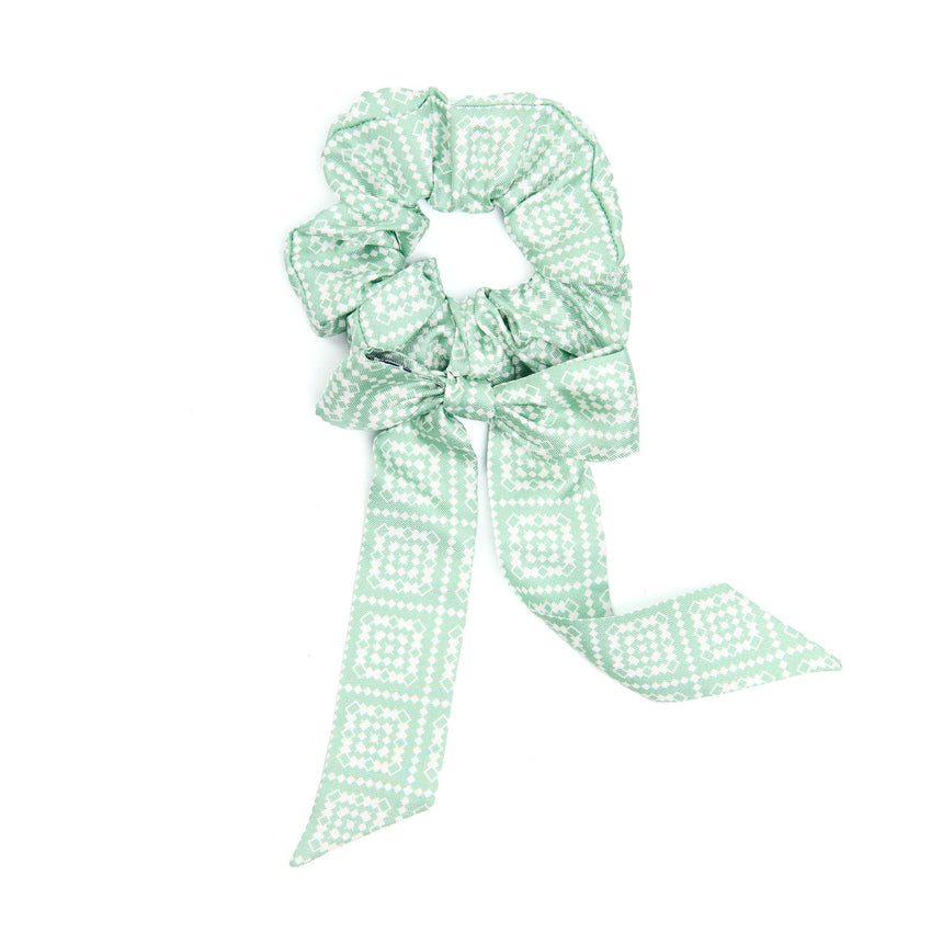 LIGHT GREEN SILK SCRUNCHIE WITH RIBBONS