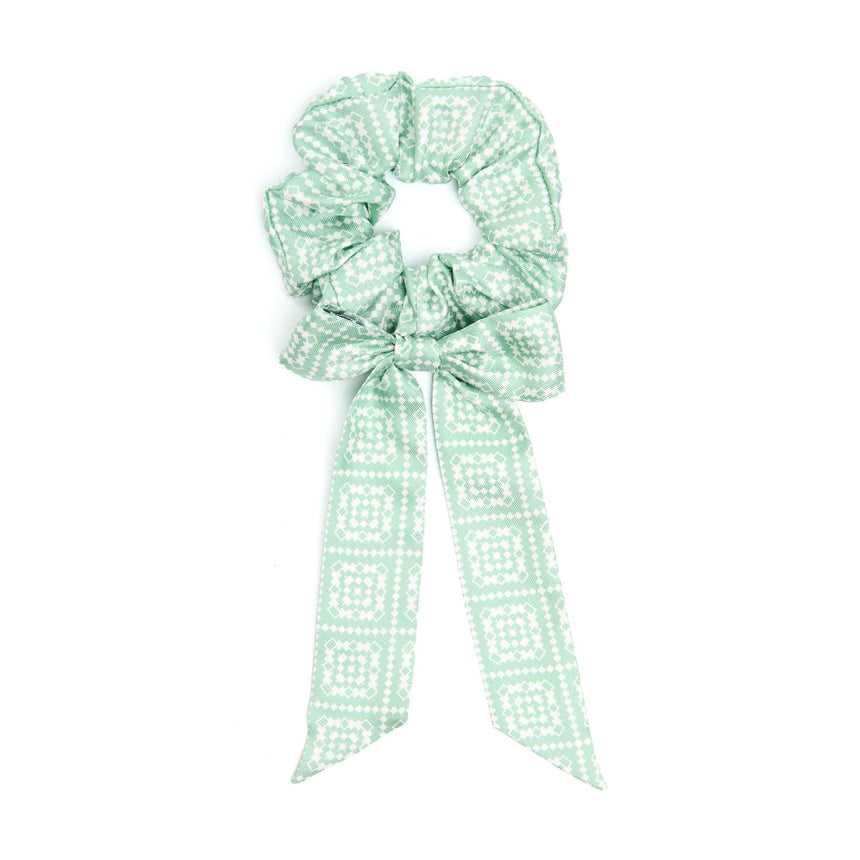 LIGHT GREEN SILK SCRUNCHIE WITH RIBBONS