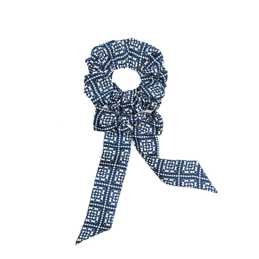 DARK BLUE SILK SCRUNCHIE WITH RIBBONS