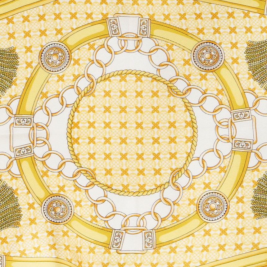 yellow_silk_diamond_shape_scarf_micropattern,_tassels_and_keys_fabric_pattern_detail