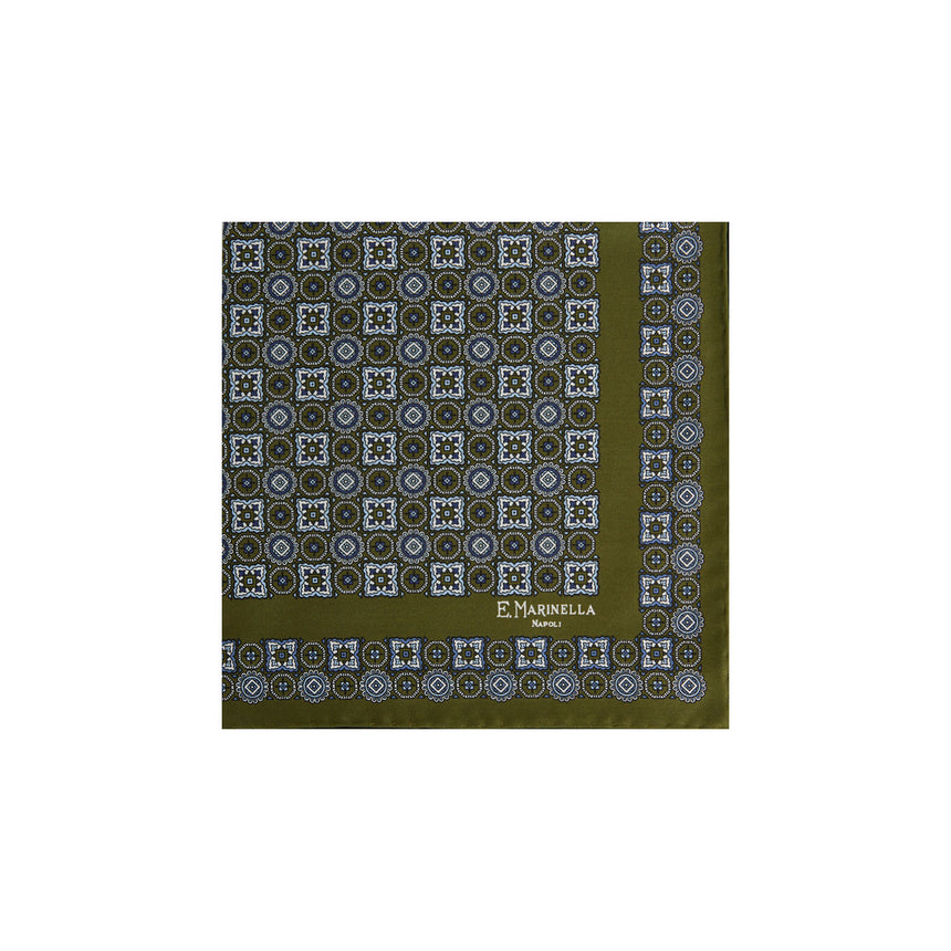 OLIVE GREEN PRINTED SILK POCKET SQUARE