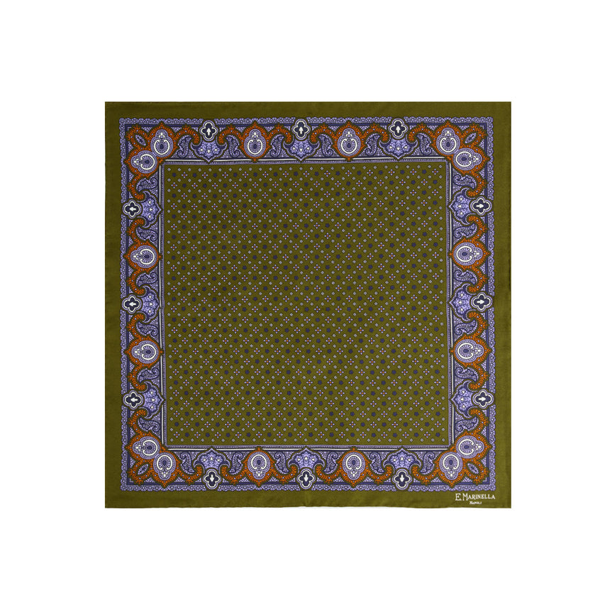 OLIVE GREEN PRINTED SILK POCKET SQUARE