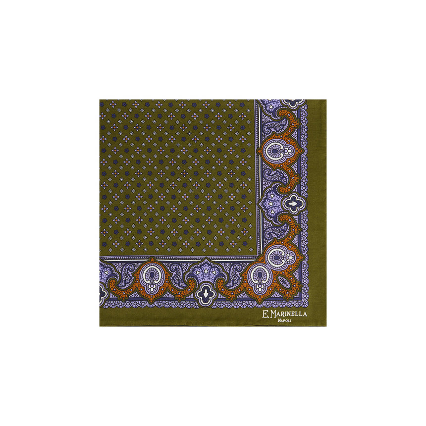 OLIVE GREEN PRINTED SILK POCKET SQUARE