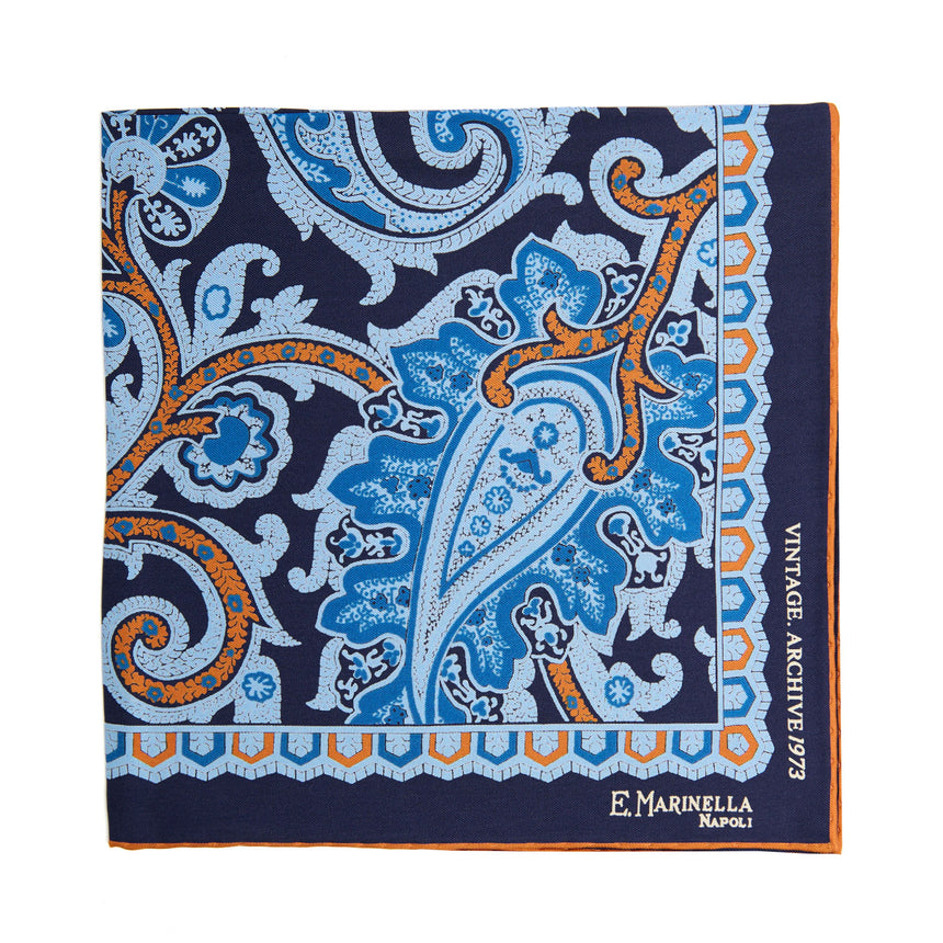 POCHETTE DA TASCHINO IN SETA STAMPATA A MANO BLU SCURO