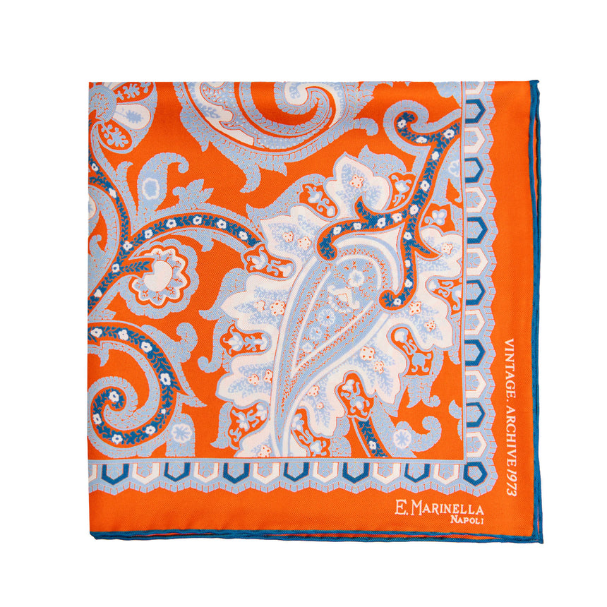 ORANGE HAND-PRINTED SILK POCKET SQUARE