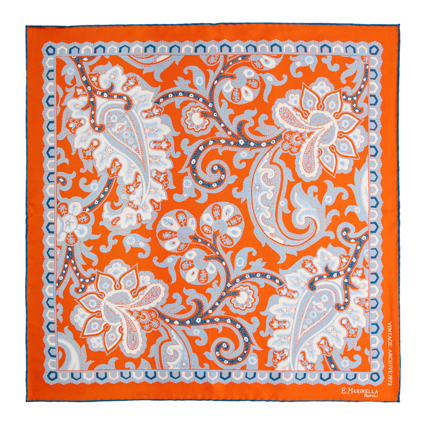 ORANGE HAND-PRINTED SILK POCKET SQUARE