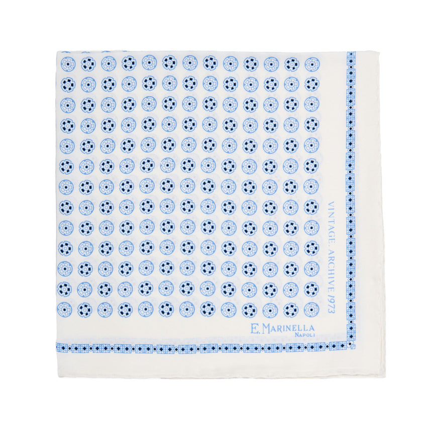 WHITE HAND-PRINTED SILK POCKET SQUARE