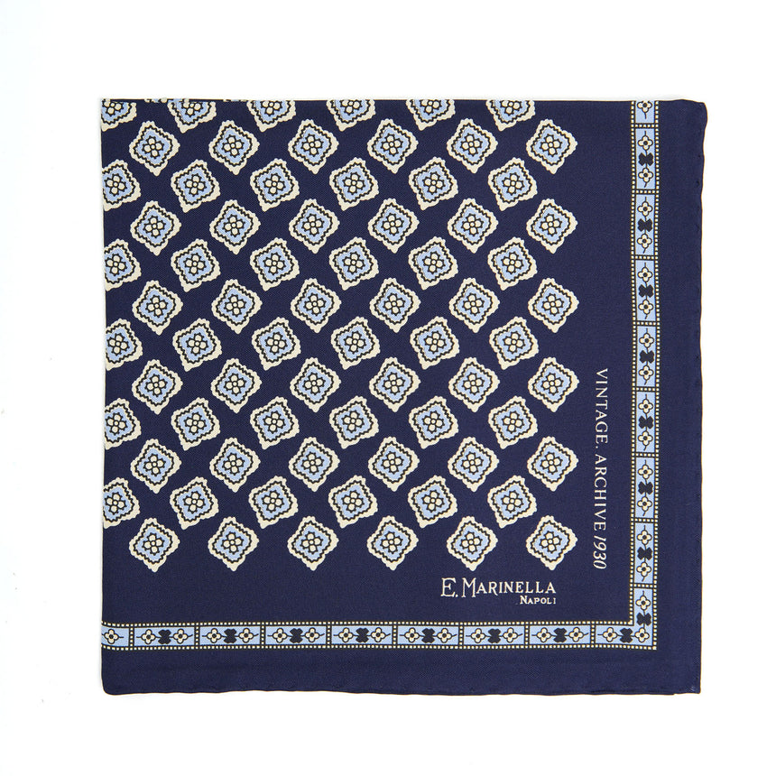 DARK BLUE HAND-PRINTED SILK POCKET SQUARE