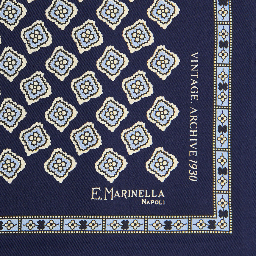 DARK BLUE HAND-PRINTED SILK POCKET SQUARE