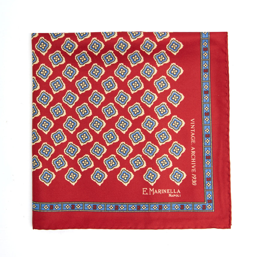 RED HAND-PRINTED SILK POCKET SQUARE