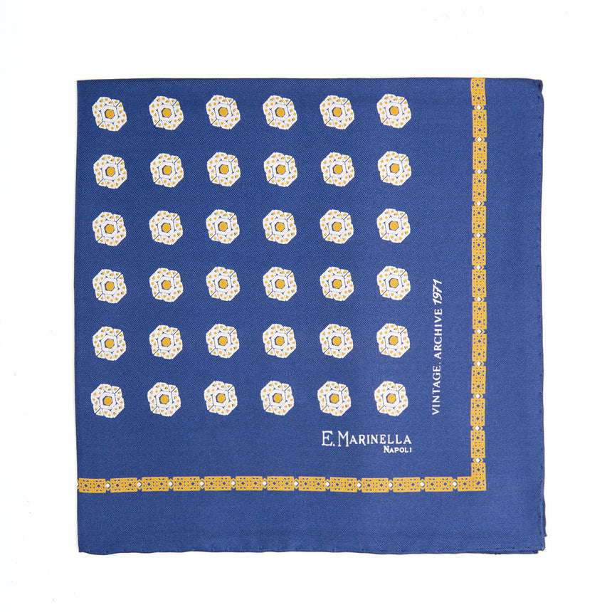 BLUE HAND-PRINTED SILK POCKET SQUARE