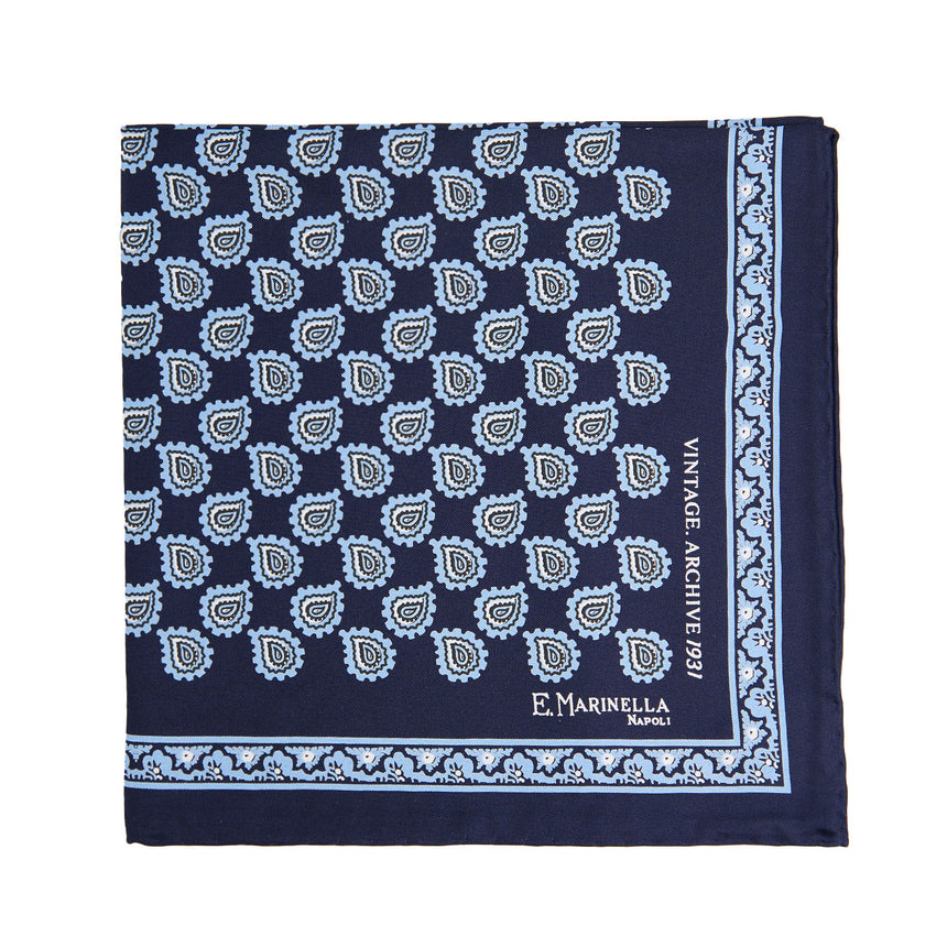 DARK BLUE HAND-PRINTED SILK POCKET SQUARE