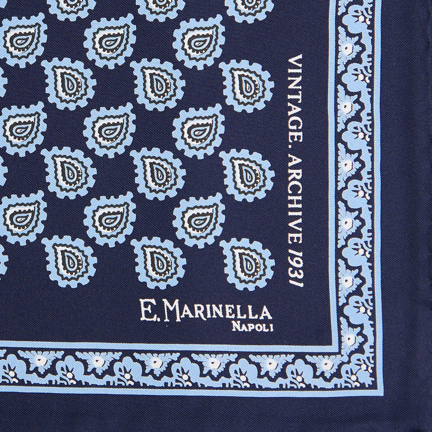 DARK BLUE HAND-PRINTED SILK POCKET SQUARE