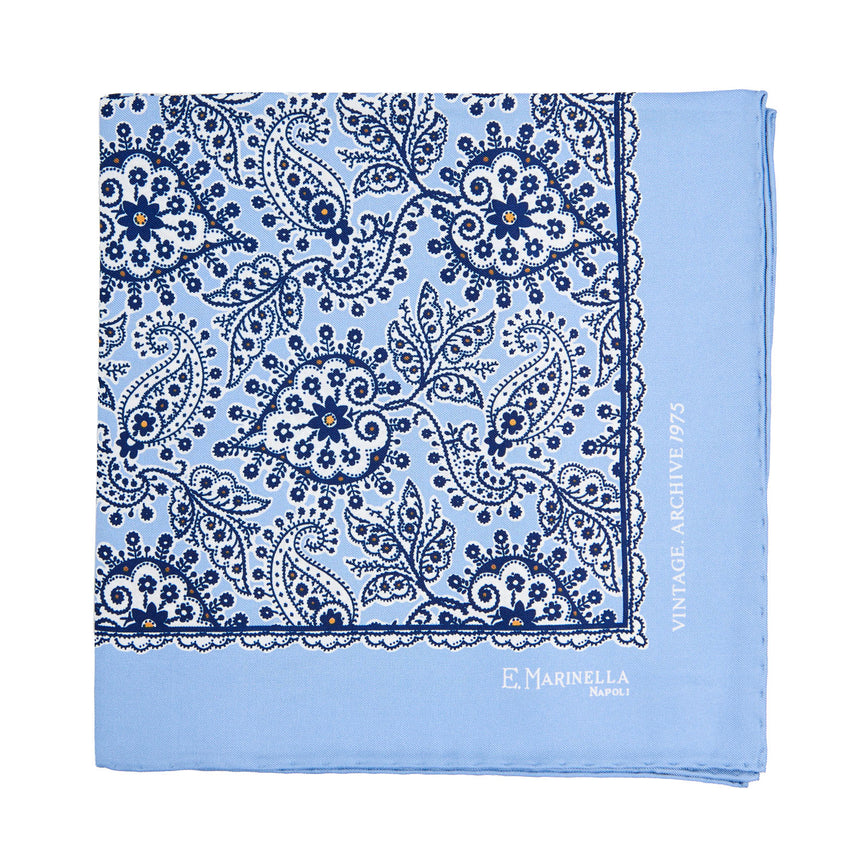 LIGHT BLUE HAND-PRINTED SILK POCKET SQUARE