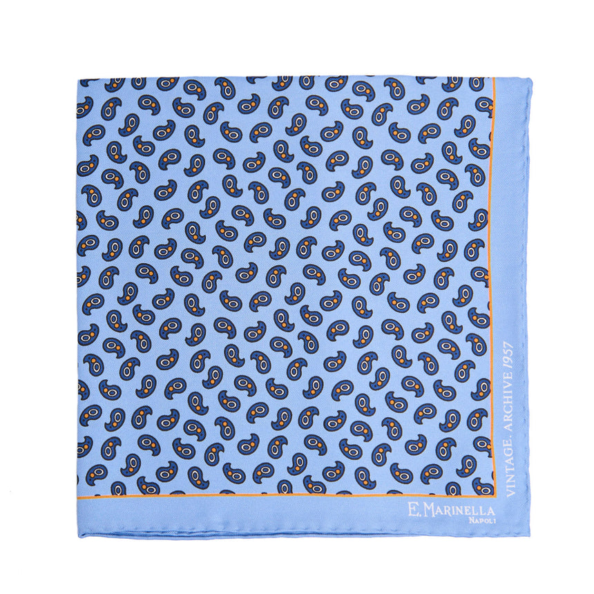 POCHETTE DA TASCHINO IN SETA STAMPATA A MANO AZZURRA