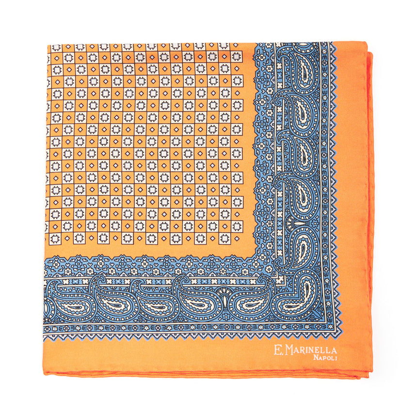 ORANGE HAND-PRINTED SILK POCKET SQUARE