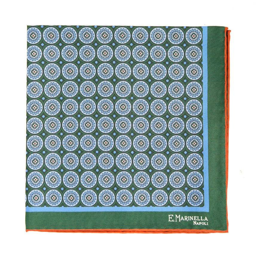 DARK GREEN HAND-PRINTED SILK POCKET SQUARE