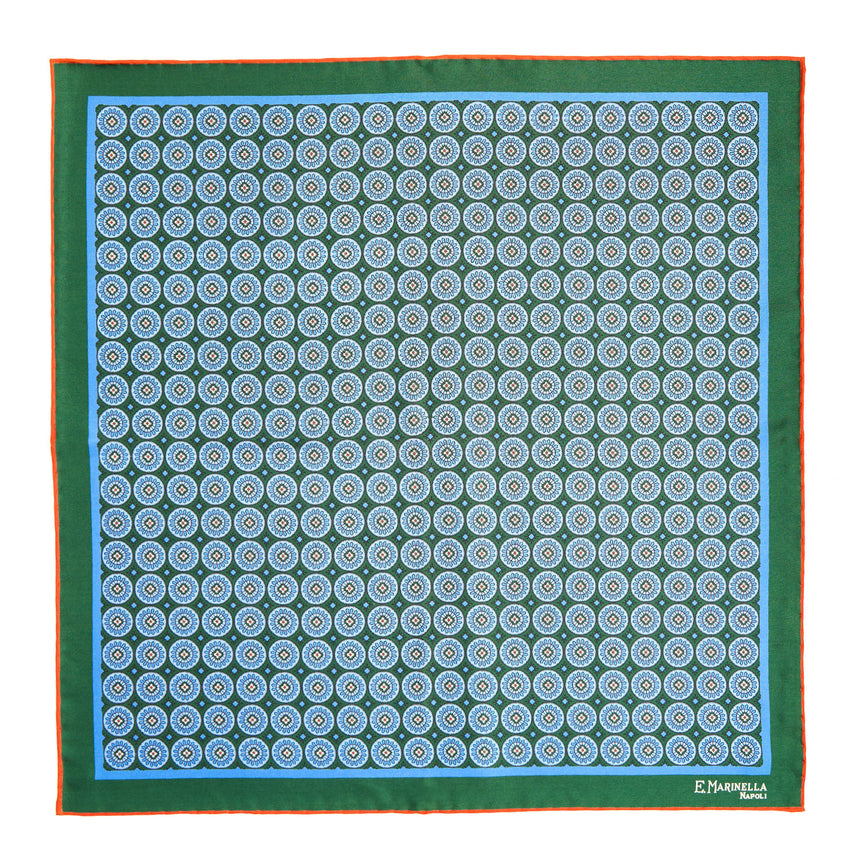 DARK GREEN HAND-PRINTED SILK POCKET SQUARE