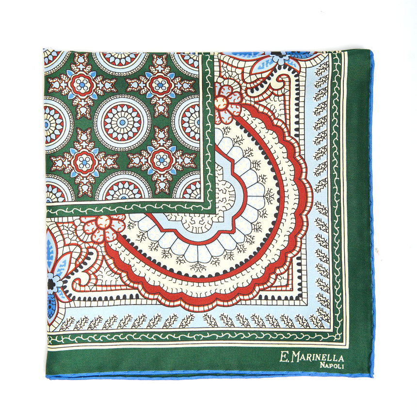 DARK GREEN HAND-PRINTED SILK POCKET SQUARE