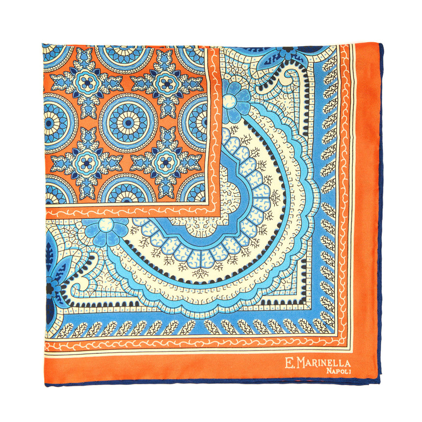ORANGE HAND-PRINTED SILK POCKET SQUARE
