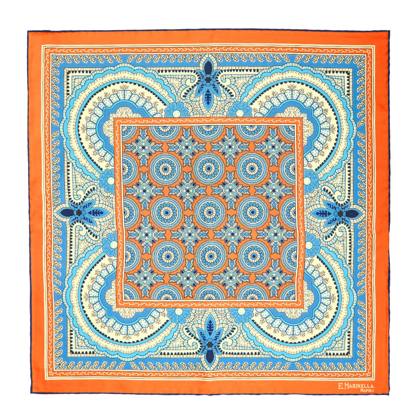 ORANGE HAND-PRINTED SILK POCKET SQUARE