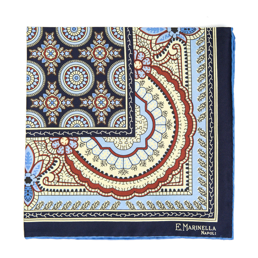 DARK BLUE HAND-PRINTED SILK POCKET SQUARE