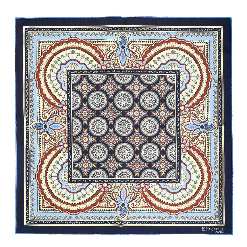 DARK BLUE HAND-PRINTED SILK POCKET SQUARE