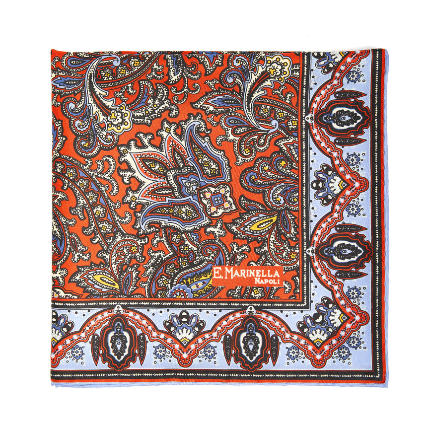 ORANGE HAND-PRINTED SILK POCKET SQUARE