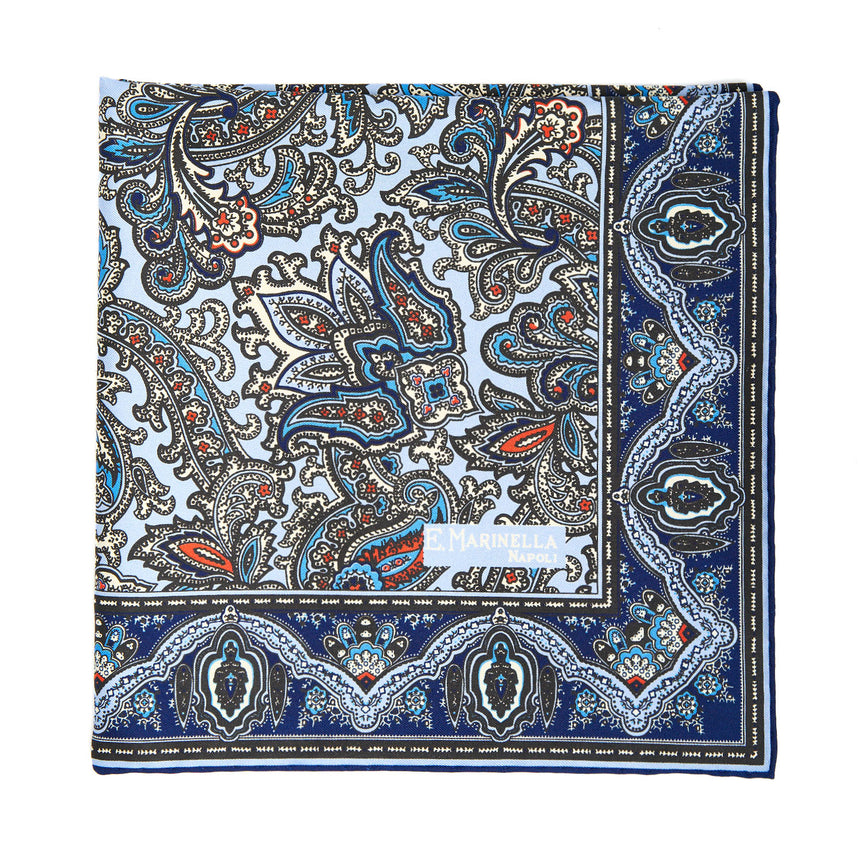LIGHT BLUE HAND-PRINTED SILK POCKET SQUARE